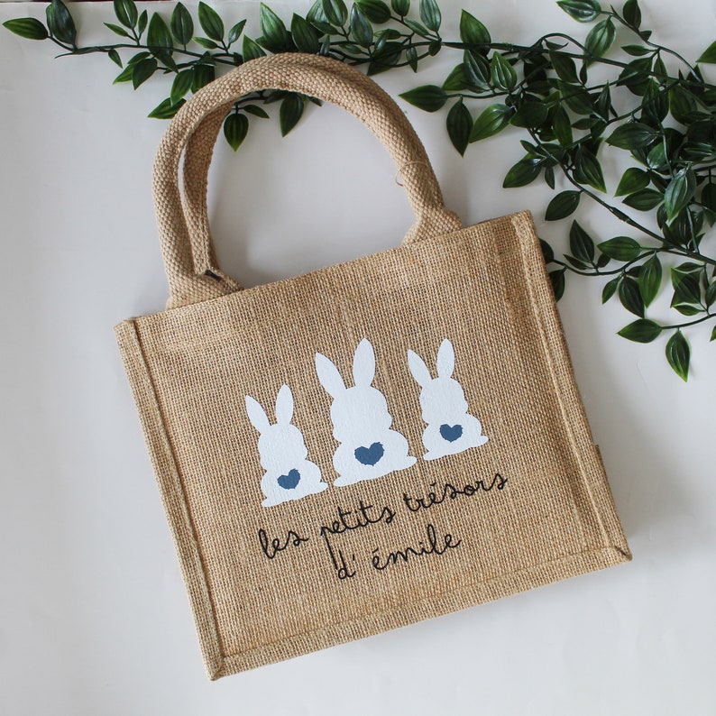 Petit sac cabas en jute motif lapins, pour chasse aux œufs de Pâques, sac personnalisé prénom ou texte image 5