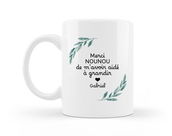 Mug merci nounou personnalisé, Tasse motif feuillage et coeur, Tasse pour assistante maternelle, Mug laurier pour une super nounou, tata