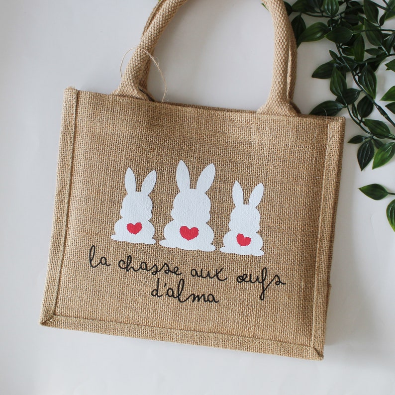 Small jute tote bag with rabbit pattern, for Easter egg hunt, personalized first name or text bag image 10