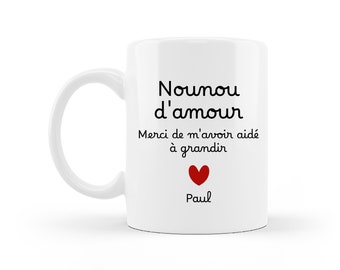 Mug cadeau nounou personnalisé, cœur avec le prénom de l'enfant, tasse pour dire merci, Cadeau fin de contrat, cadeau personnel de la crèche