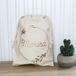 Personalized pouch, cotton pouch, gift pouch, leaf crown with first name