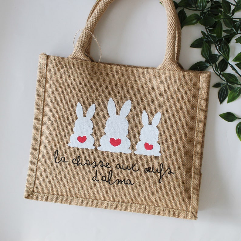 Petit sac cabas en jute motif lapins, pour chasse aux œufs de Pâques, sac personnalisé prénom ou texte image 5