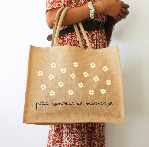 Grand sac en jute motif Marguerites |Sac cabas personnalisé prénom ou message | Sac de plage pour maîtresse, maman, amie, nounou ou marraine