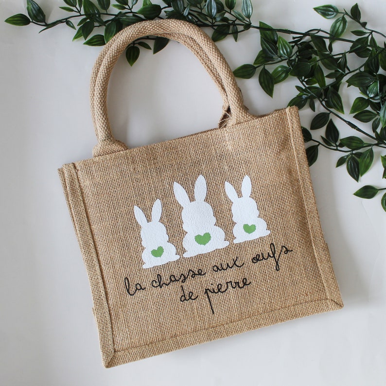 Small jute tote bag with rabbit pattern, for Easter egg hunt, personalized first name or text bag image 9