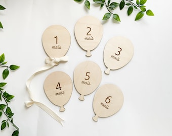 Cartes étape bois, Carte étape bébé de 1 mois à 1 an, Plaque en bois en forme de ballon, Accessoire photo de grossesse, Déco photo de bébé