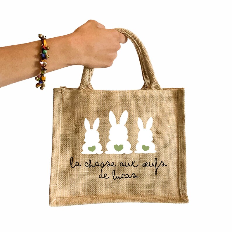 Small jute tote bag with rabbit pattern, for Easter egg hunt, personalized first name or text bag image 3