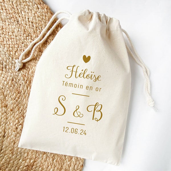 Pochon personnalisé pour témoin en or, pochette personnalisée en coton pour cadeau, Sac avec prénoms pour mariage, Motif cœur et cursive