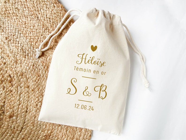 Personalized pouch for gold witness, personalized cotton pouch for gift, Bag with first names for wedding, Heart and cursive pattern image 1