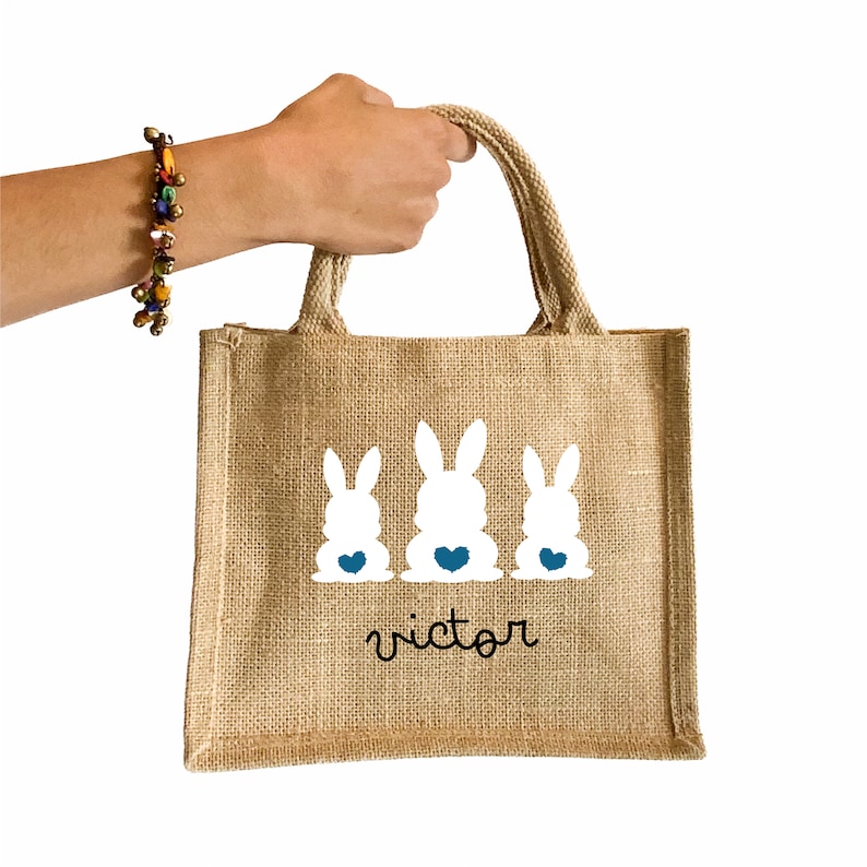 Small jute tote bag with rabbit pattern, for Easter egg hunt, personalized first name or text bag image 2