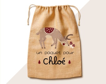 Sac en jute, motif renne, thème bordeaux, rouge, framboise, ou vert kaki, emballage cadeau réutilisable pour Noël, sac à jouets déco