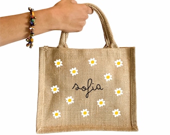 Petit sac cabas en jute motif Marguerites, sac personnalisé prénom ou texte