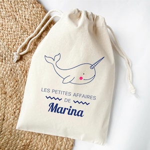 Pochon narval fille, Sac personnalisé prénom, Les petites affaires, Pochon à cordelettes thème marin, Sac crèche maternelle, Tenue naissance