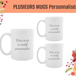 Peut inclure: Trois mugs en céramique blanche avec du texte noir qui dit "Votre texte ou motif personnalisé". Les mugs sont sur un fond blanc.