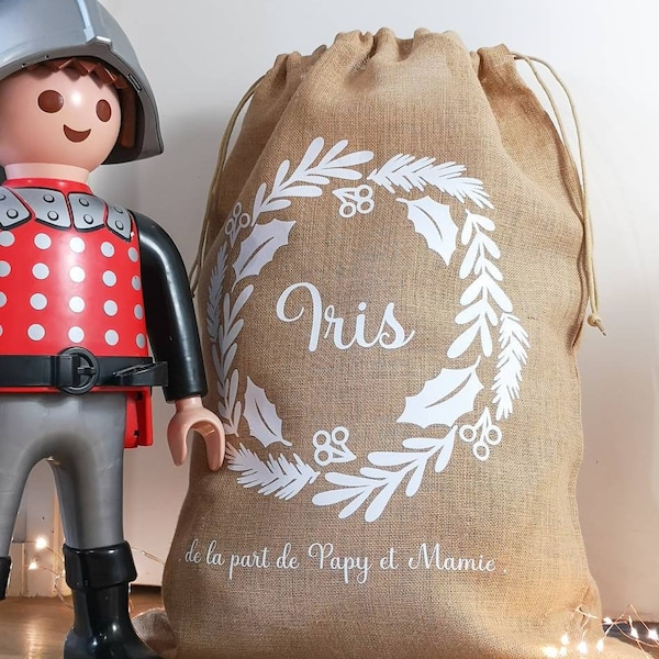 Sac de Noël XXL, Gros sac en toile de jute pour les jouets de Noël, Hotte de noël, sac de noël prénom,  motif couronne