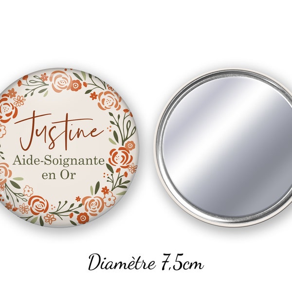 Badge Miroir ou Magnet personnalisé message, Cadeau pour remercier son infirmière, kiné ou soignante, Motif couronne terracotta