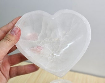 Handmade Selenite Heart Bowl: Moroccan Crystal Storage, Reiki Healing (15cm)