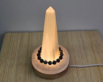 Selenite Tower Lamp: Bracelet Holder, Energy Cleansing, Crystal Gift