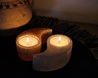 Porta-velas de cristal Yin Yang em selenita, 10-11 cm | Castiçal de cristal | Meditação | Presente para casa | Presente para amantes de cristais | Decoração de cristal
