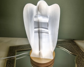 Handmade Selenite Crystal Angel Lamp: Energy Clearing, Meditation Gift (20cm)