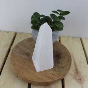 May include: A white selenite crystal tower stands on a wooden surface, with a small potted plant in the background. The crystal has a smooth, polished appearance and a geometric shape. The wooden surface is round and sits on a light-colored wooden plank.
