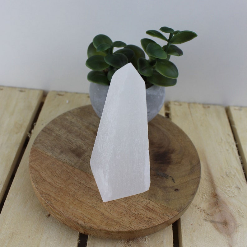 May include: A white selenite crystal tower stands on a wooden surface, with a small potted plant in the background. The crystal has a smooth, polished appearance and a geometric shape. The wooden surface is round and sits on a light-colored wooden plank.