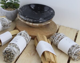 Marble Bowl with Fossils for Incense | Crystal Sage Bundle Sets | White Sage Bundle | Selenite | Palo Santos | Smudge Kit | Crystal Lover