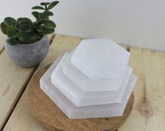 Selenite Hexagon Charging Plate, Crystal Coaster, Moroccan Selenite