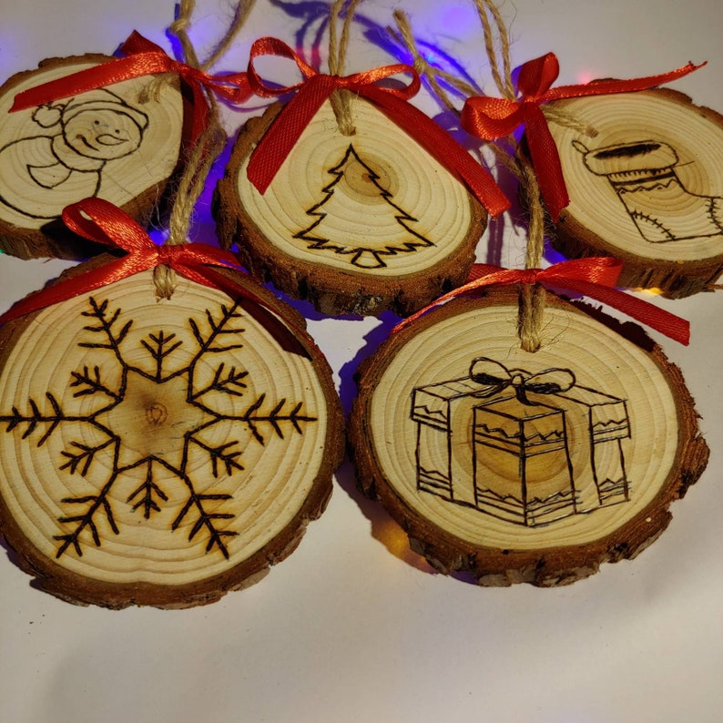 Rustic Wooden Christmas Tree ornaments Woodburn set of five Etsy