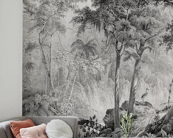 Monochrome Jungle wallpaper, Removable, Traditonal, Vintage wall mural #87