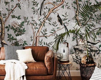 Papel pintado chinoiserie gris: Mural de jardín de pavo real y magnolia n.° 92