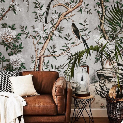 Gray Chinoiserie Wallpaper Chinese Wall Mural Chinoiserie - Etsy Gray Chinoiserie Wallpaper Chinese Wall Mural Chinoiserie - Etsy