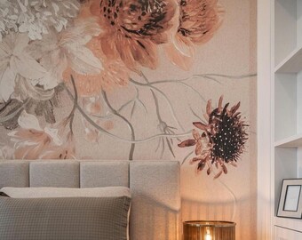 Mural de papel tapiz floral de peonía beige: pintura vintage, opción de papel tapiz removible n.° 81