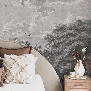 Trees wallpaper, Flying birds vintage wall mural, Panoramique vintage wallpaper #151