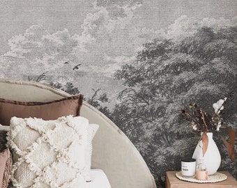 Trees wallpaper, Flying birds vintage wall mural, Panoramique vintage wallpaper #151