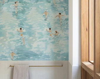 Vintage Beach Wallpaper, Blue bathroom Art, Swimmers retro wall mural #263P