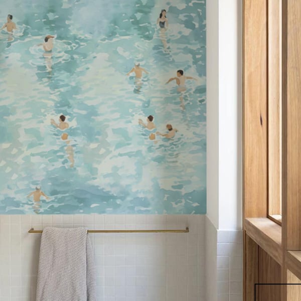 Vintage Beach Wallpaper, Blue bathroom Art, Swimmers retro wall mural #263P