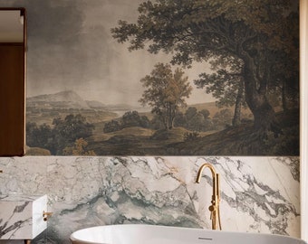 May include: A white bathtub with a brown towel hanging over the side. The bathtub is in a bathroom with a marble wall and a large mural of a landscape scene with trees and a river.