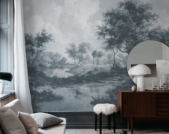 Mural de papel pintado con la pintura del lago azul: Decoración de pared de paisaje vintage n.° 198