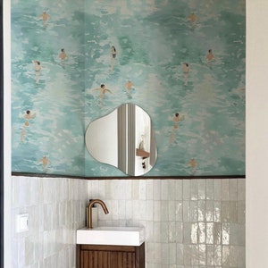 Swimmers wallpaper, Pool wall art, Watercolor beach wall mural, Vintage removable wallpaper, Retro self adhesive wallpaper, Swimming #263