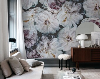 Big peony wallpaper, Romantic floral wall mural, Dark floral, Peonies, Flower art #98