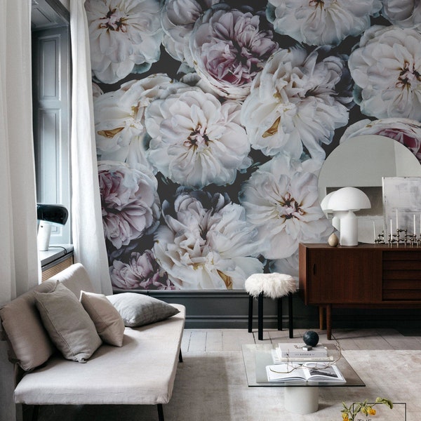 Big peony wallpaper, Romantic floral wall mural, Dark floral, Peonies, Flower art #98