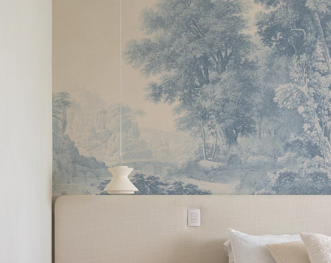 Featured listing image: Warm blue Toile de Jouy wallpaper,  French landscape wall mural, Blueish monochrome wallpaper #256