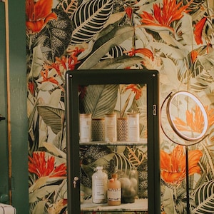 Orange tropical wallpaper, Botanical wallpaper, Removable wall mural, Tropical, Leaf wallpaper, Leaf decor, Tropical print, Floral  #132