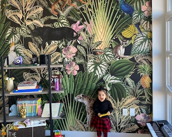 Dark jungle wallpaper, Wild animals wall mural, Wall mural, Leopard, Botanical, Remove wallpaper or traditional #83