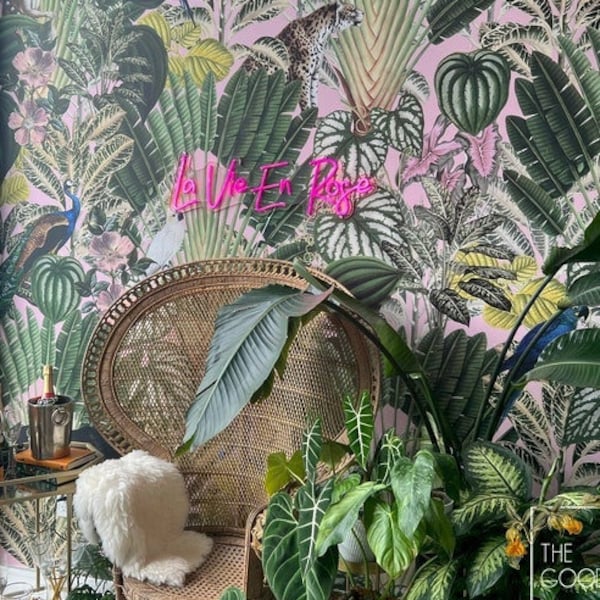 Pink jungle wallpaper, Wild animals wall mural, Wall mural, Leopard, Botanical, Remove wallpaper or traditional #108