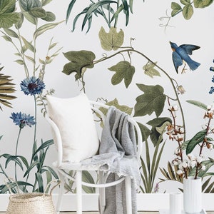 Carta da parati Spring Botanical, Carta da parati rimovibile, TNT, Tradizionale. Carta da parati floreale, decorazione murale blu, fiori, foglie murale n. 44