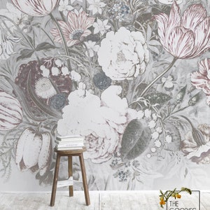 Light vintage floral art, White blossom mural, Nursery removable wallpaper / traditional wallpaper #63