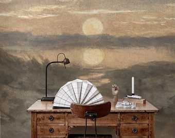 Sunset wall mural, Sun and sky wallpaper, Remove traditional wallpaper, Beige wall mural #107