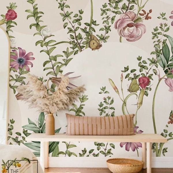 Pink floral wallpaper, Botanical wall art, Romantic and modern wall mural, Neutral color wallpaper #152