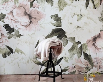Papel tapiz floral de peonías polvorientas: Mural de pared extraíble de flores ruborizadas n.° 28